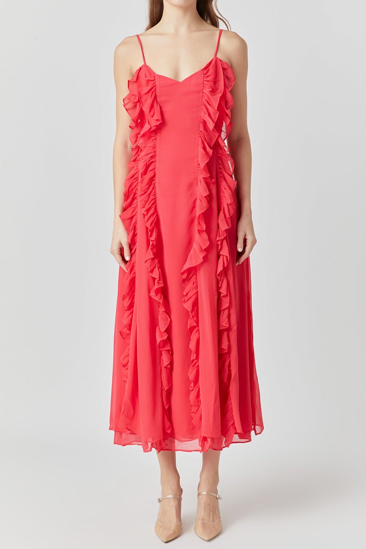 ENDLESS ROSE - Chiffon Ruffled Spaghetti Maxi Dress - DRESSES available at Objectrare