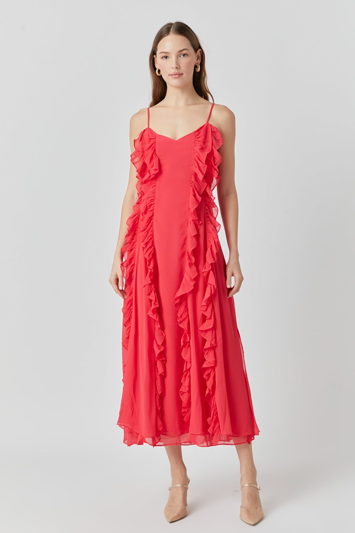 ENDLESS ROSE - Chiffon Ruffled Spaghetti Maxi Dress - DRESSES available at Objectrare
