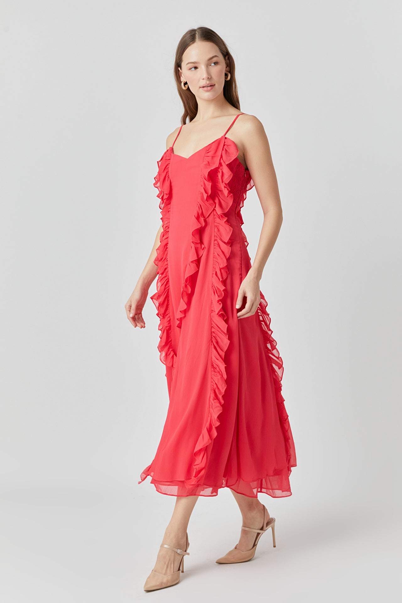 ENDLESS ROSE - Chiffon Ruffled Spaghetti Maxi Dress - DRESSES available at Objectrare