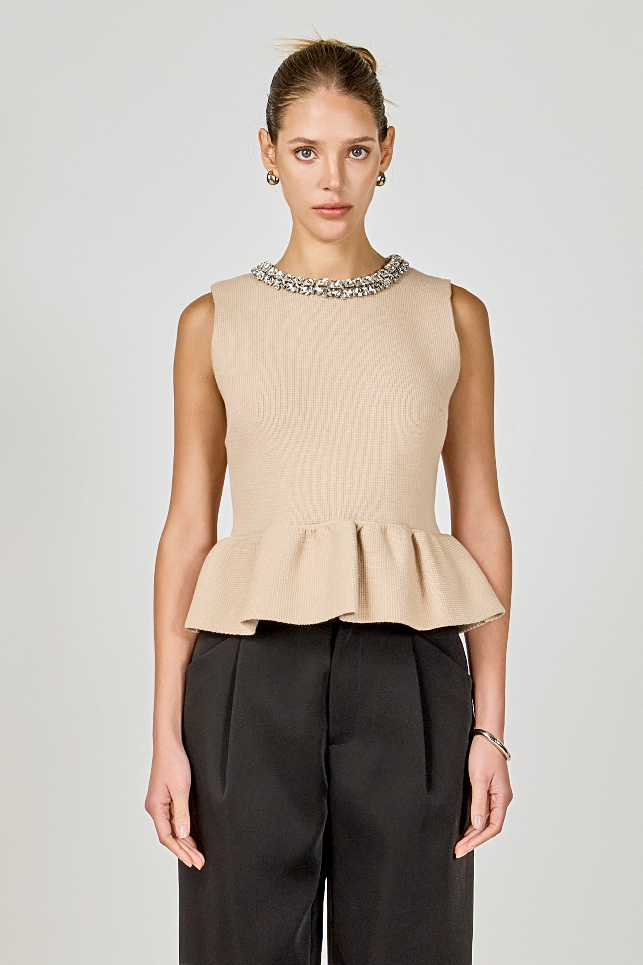 ENDLESS ROSE - Jewel Trim Neck Peplum Knit Top - SWEATERS & KNITS available at Objectrare
