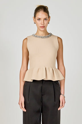ENDLESS ROSE - Jewel Trim Neck Peplum Knit Top - SWEATERS & KNITS available at Objectrare