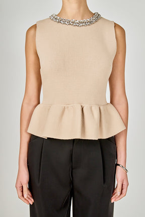 ENDLESS ROSE - Jewel Trim Neck Peplum Knit Top - SWEATERS & KNITS available at Objectrare
