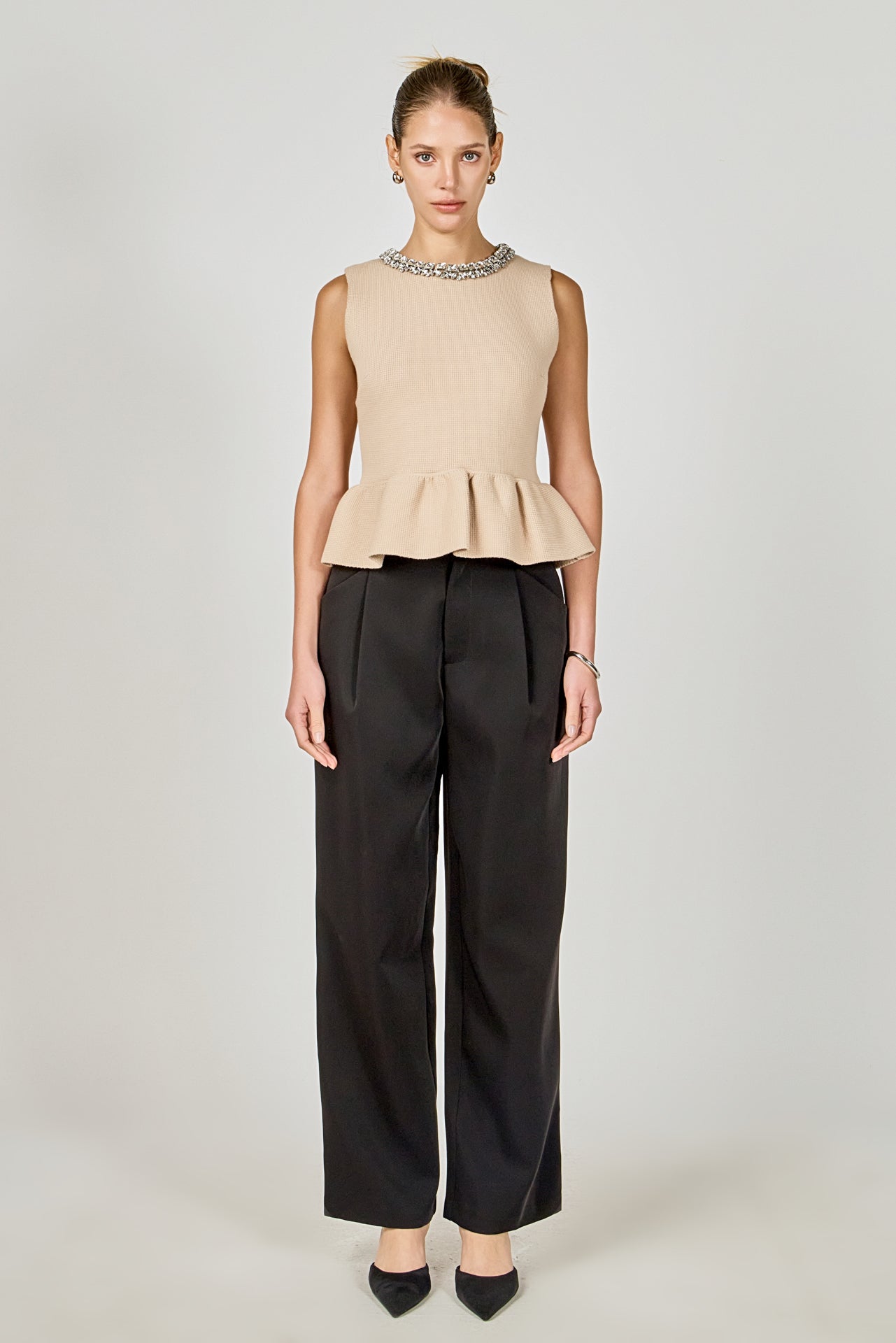 ENDLESS ROSE - Jewel Trim Neck Peplum Knit Top - SWEATERS & KNITS available at Objectrare