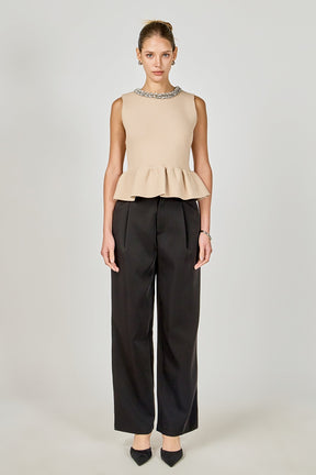 ENDLESS ROSE - Jewel Trim Neck Peplum Knit Top - SWEATERS & KNITS available at Objectrare