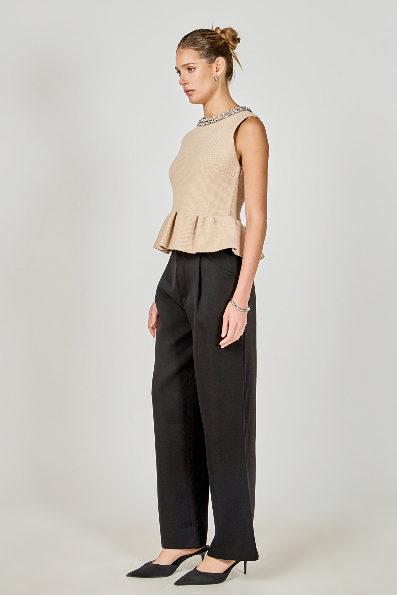 ENDLESS ROSE - Jewel Trim Neck Peplum Knit Top - SWEATERS & KNITS available at Objectrare