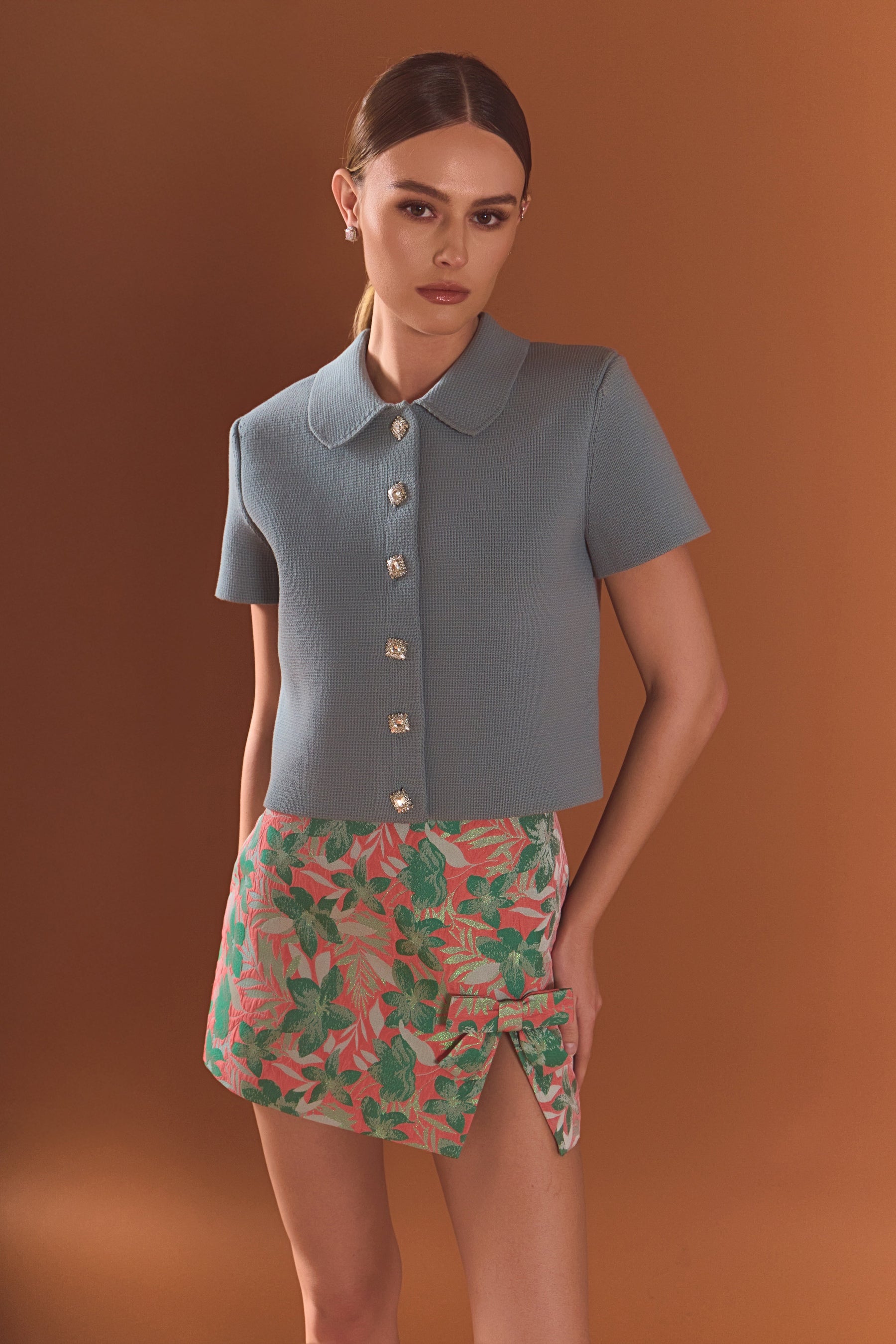 Jewel Buttoned Cropped Knit Top