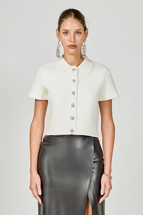 ENDLESS ROSE - Jewel Buttoned Cropped Knit Top - SWEATERS & KNITS available at Objectrare