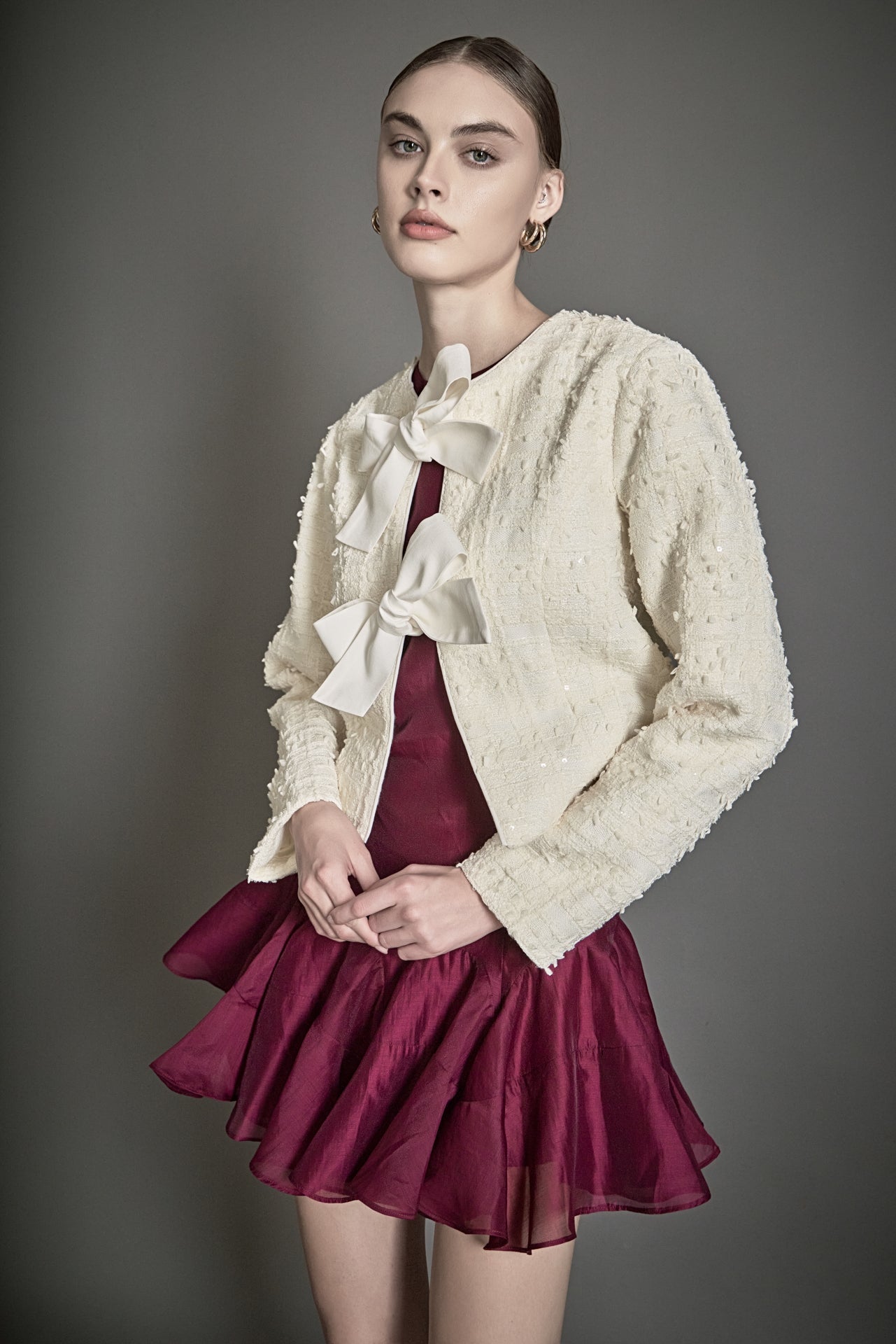 ENDLESS ROSE - Bow Tie Textured Tweed Jacket - JACKETS available at Objectrare
