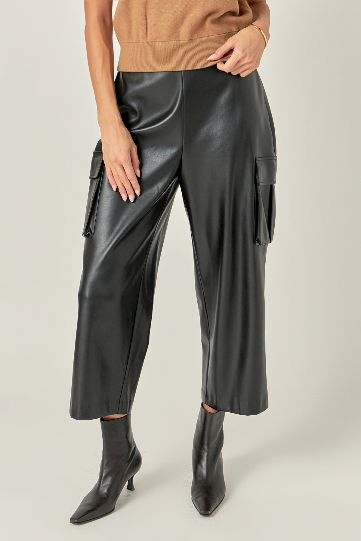 ENGLISH FACTORY - Faux Leather Cropped Cargo Pants - PANTS available at Objectrare