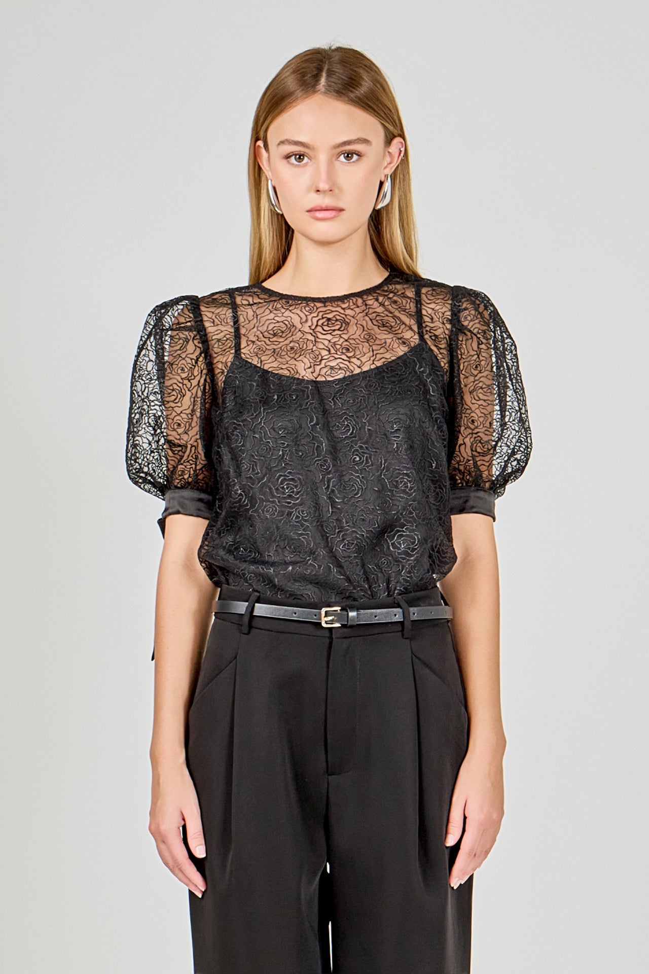 ENDLESS ROSE - Embroidered Puff Sleeve Satin Bow Top - TOPS available at Objectrare