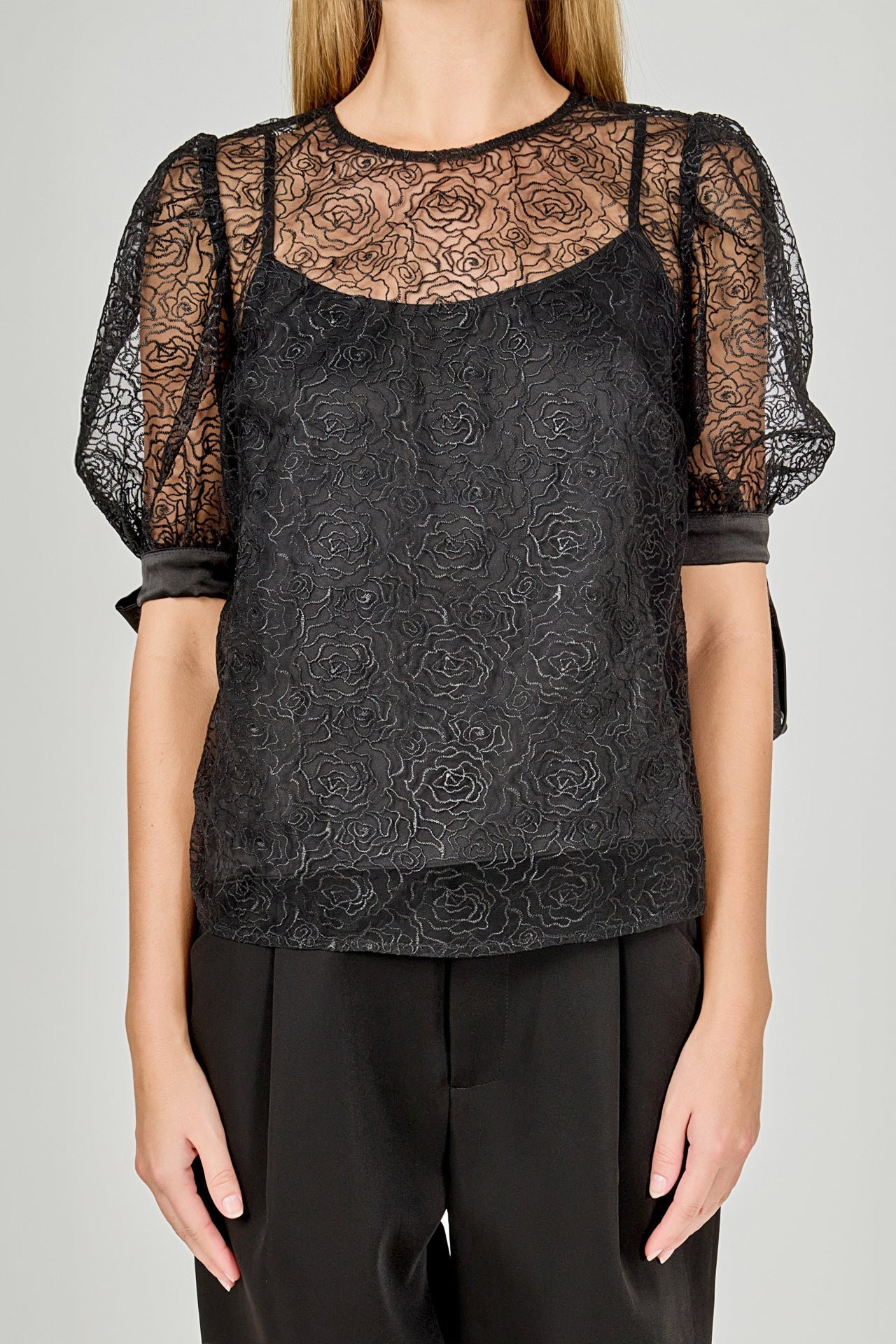 ENDLESS ROSE - Embroidered Puff Sleeve Satin Bow Top - TOPS available at Objectrare