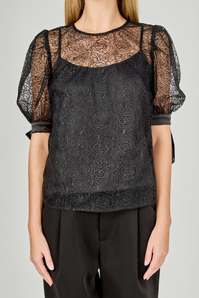 ENDLESS ROSE - Embroidered Puff Sleeve Satin Bow Top - TOPS available at Objectrare