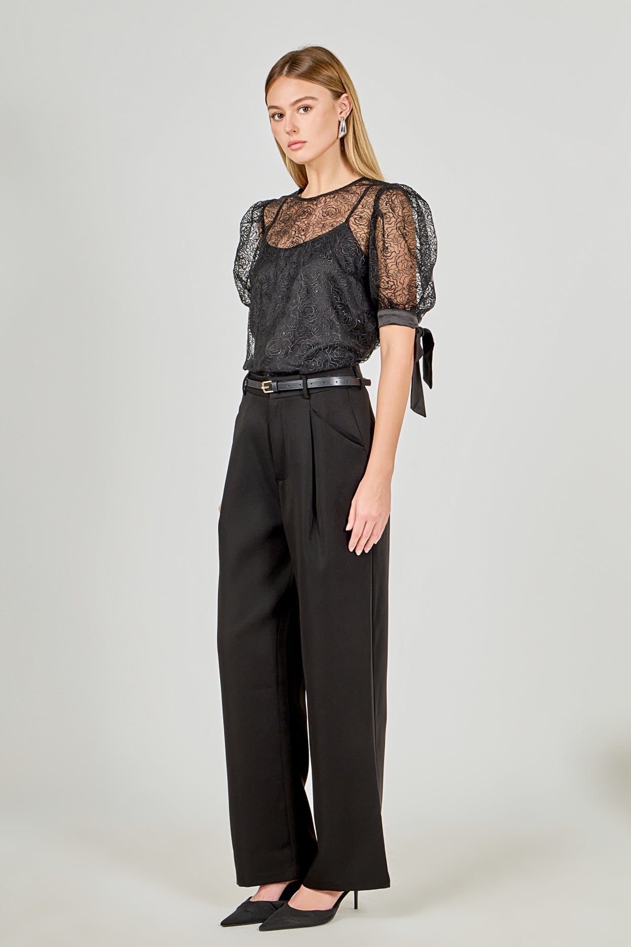 ENDLESS ROSE - Embroidered Puff Sleeve Satin Bow Top - TOPS available at Objectrare