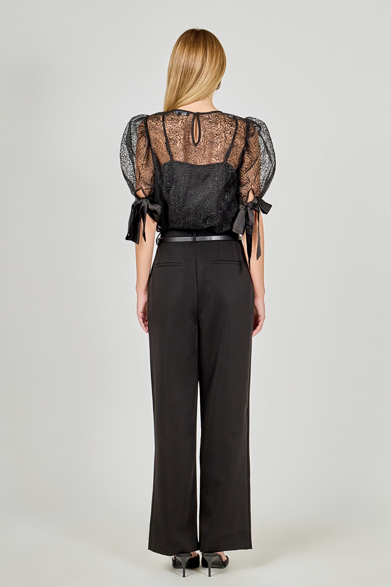 ENDLESS ROSE - Embroidered Puff Sleeve Satin Bow Top - TOPS available at Objectrare