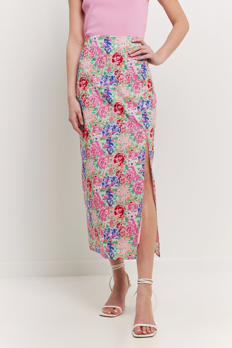 ENDLESS ROSE - Cotton Floral Print Slit Maxi Skirt - SKIRTS available at Objectrare