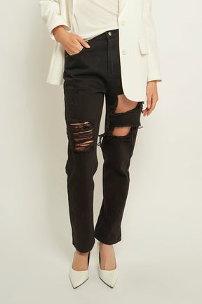 GREY LAB - High-Waisted Ripped Straight Leg Jeans - JEANS available at Objectrare