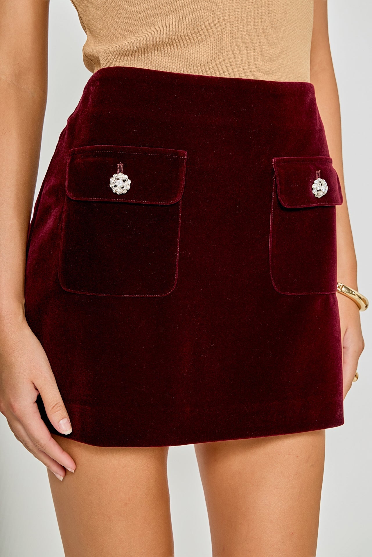 ENDLESS ROSE - Velvet Jeweled Button Mini Skirt - SKIRTS available at Objectrare