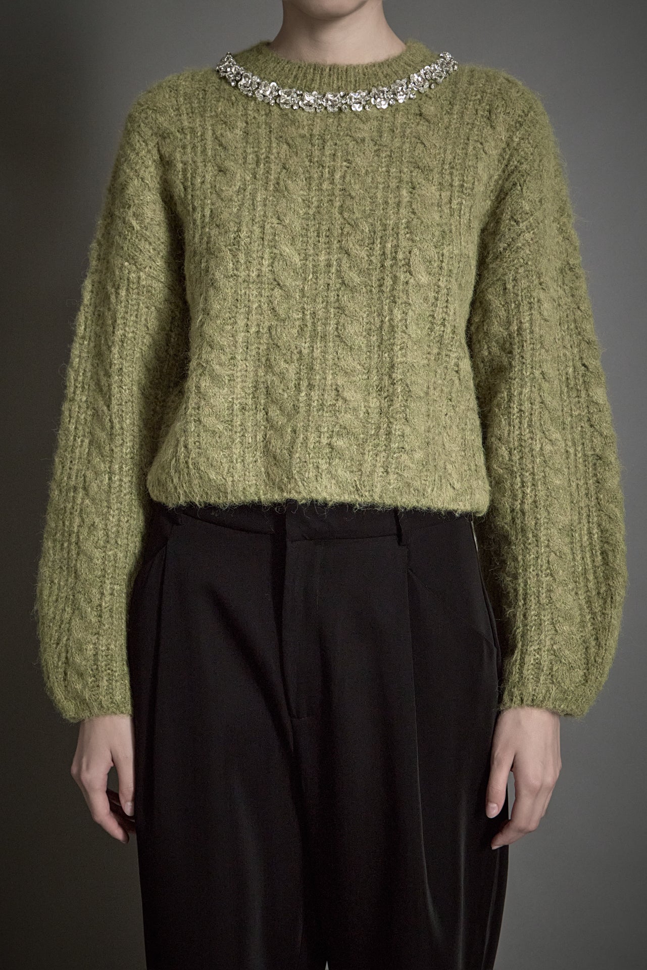 ENDLESS ROSE - Jewel Embroidered Fuzzy Cable Knit Chunky Sweater - SWEATERS & KNITS available at Objectrare