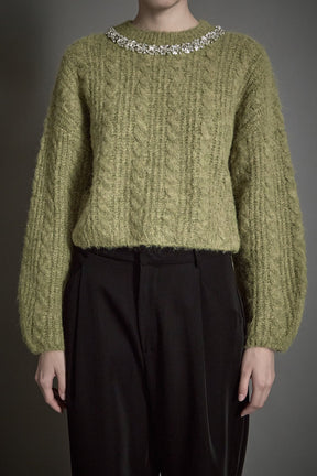 ENDLESS ROSE - Jewel Embroidered Fuzzy Cable Knit Chunky Sweater - SWEATERS & KNITS available at Objectrare