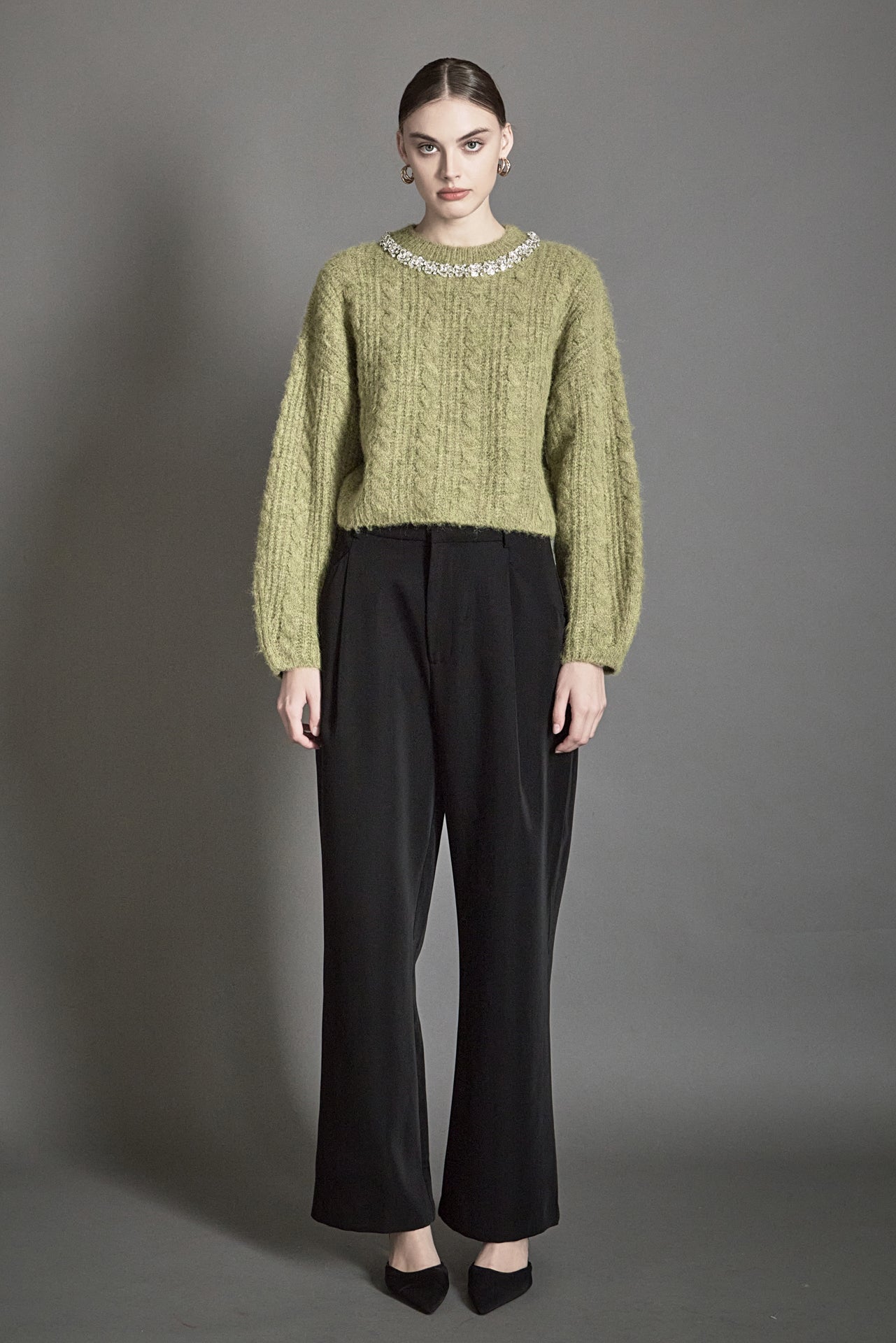 ENDLESS ROSE - Jewel Embroidered Fuzzy Cable Knit Chunky Sweater - SWEATERS & KNITS available at Objectrare