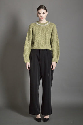 ENDLESS ROSE - Jewel Embroidered Fuzzy Cable Knit Chunky Sweater - SWEATERS & KNITS available at Objectrare