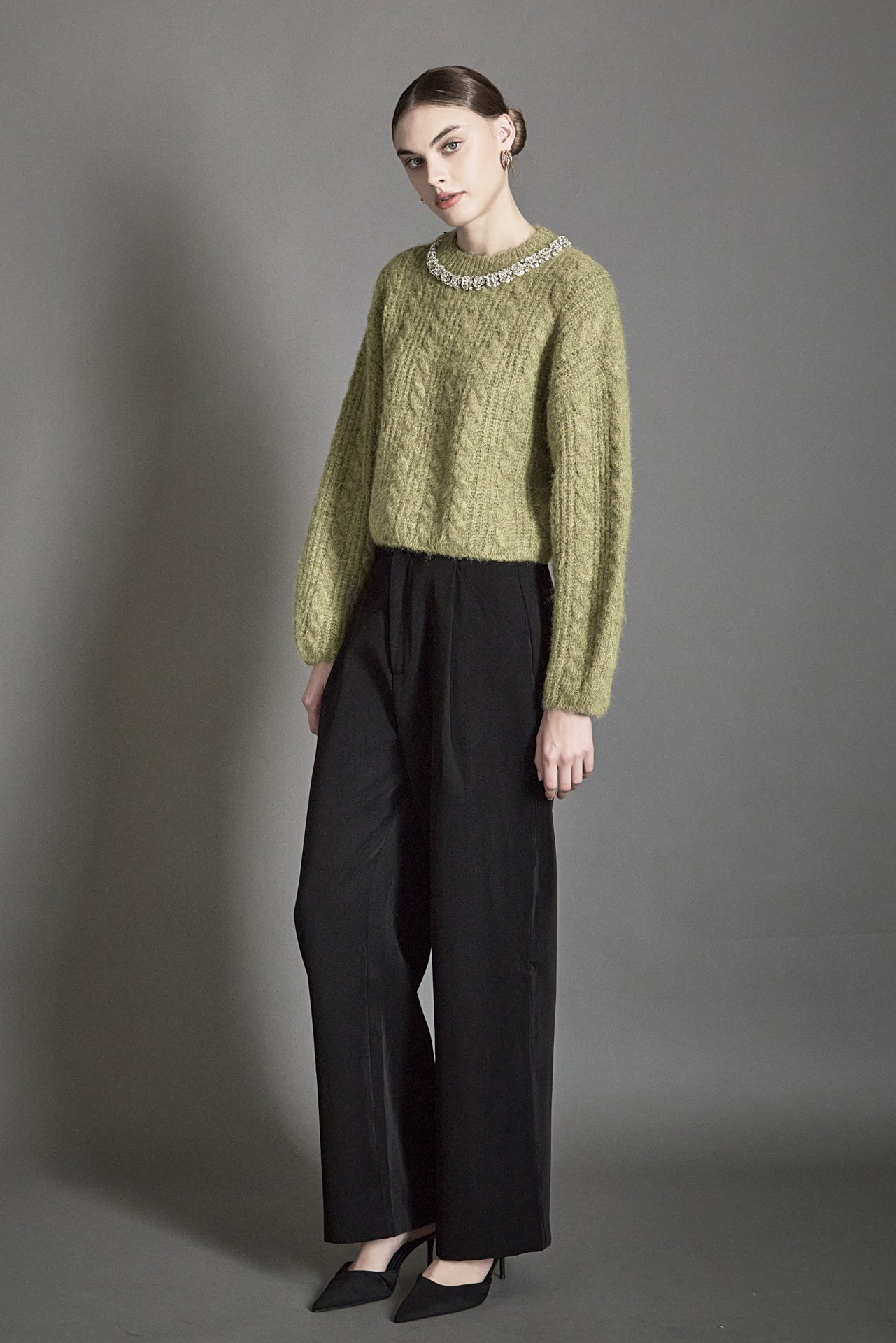 ENDLESS ROSE - Jewel Embroidered Fuzzy Cable Knit Chunky Sweater - SWEATERS & KNITS available at Objectrare