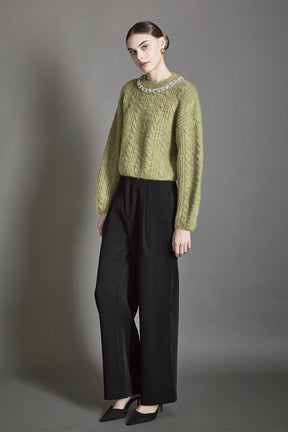 ENDLESS ROSE - Jewel Embroidered Fuzzy Cable Knit Chunky Sweater - SWEATERS & KNITS available at Objectrare