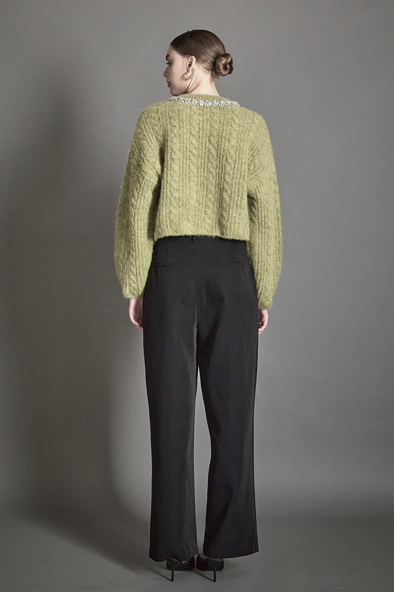 ENDLESS ROSE - Jewel Embroidered Fuzzy Cable Knit Chunky Sweater - SWEATERS & KNITS available at Objectrare