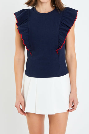 ENGLISH FACTORY - Contrast Merrow Detail Ruffled Knit Top - TOPS available at Objectrare