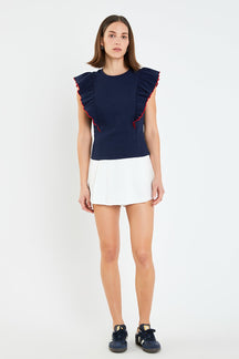 ENGLISH FACTORY - Contrast Merrow Detail Ruffled Knit Top - TOPS available at Objectrare