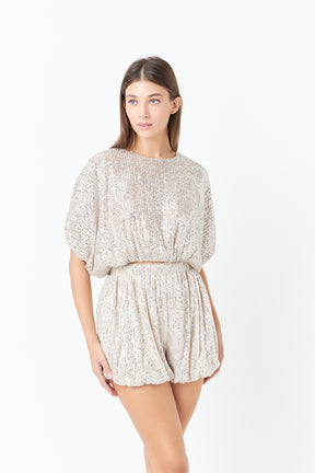 ENDLESS ROSE - Sequins Cropped Puff Top - TOPS available at Objectrare