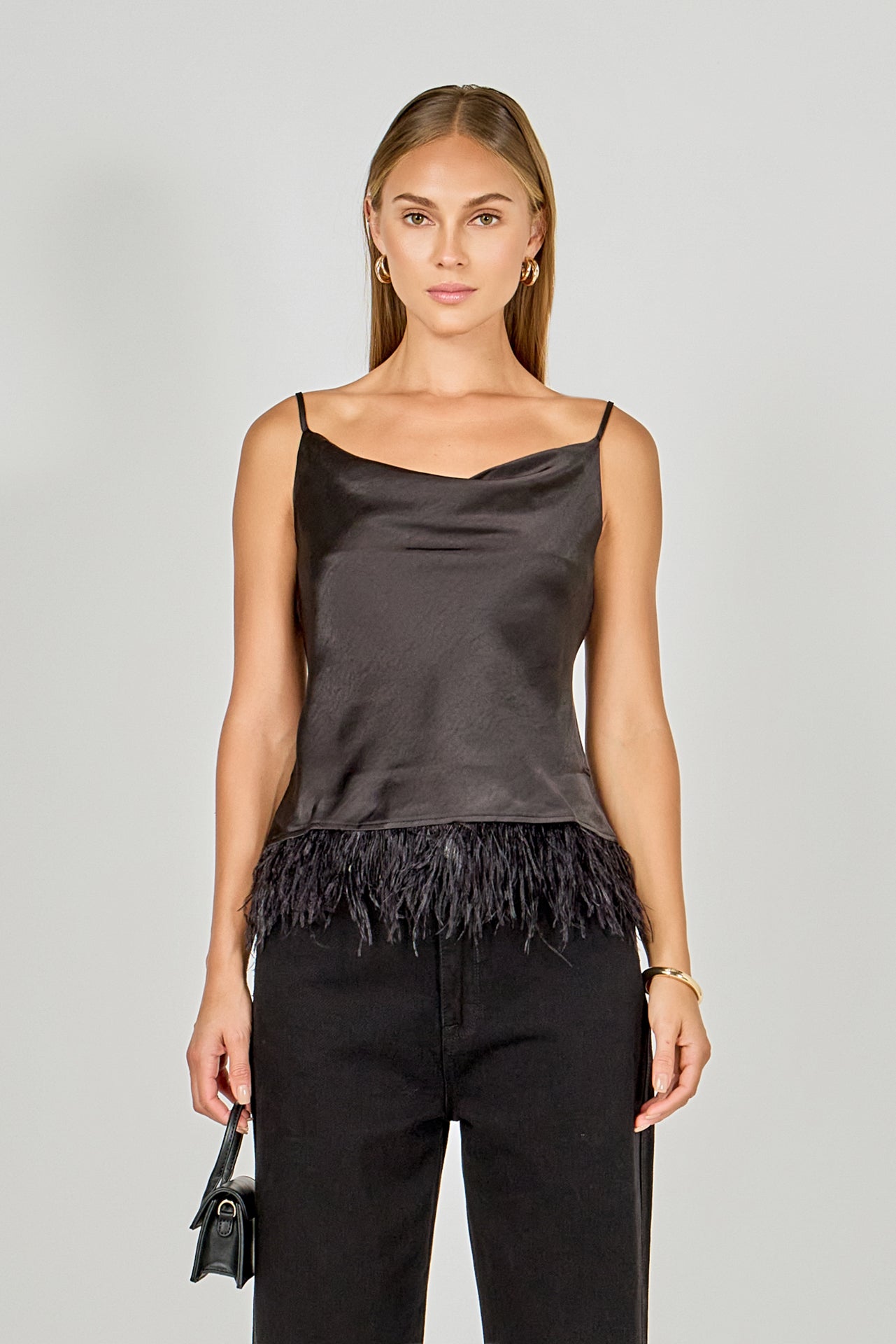 ENDLESS ROSE - Satin Cowl Neck Top with Feather - TOPS available at Objectrare