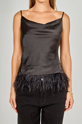 ENDLESS ROSE - Satin Cowl Neck Top with Feather - TOPS available at Objectrare
