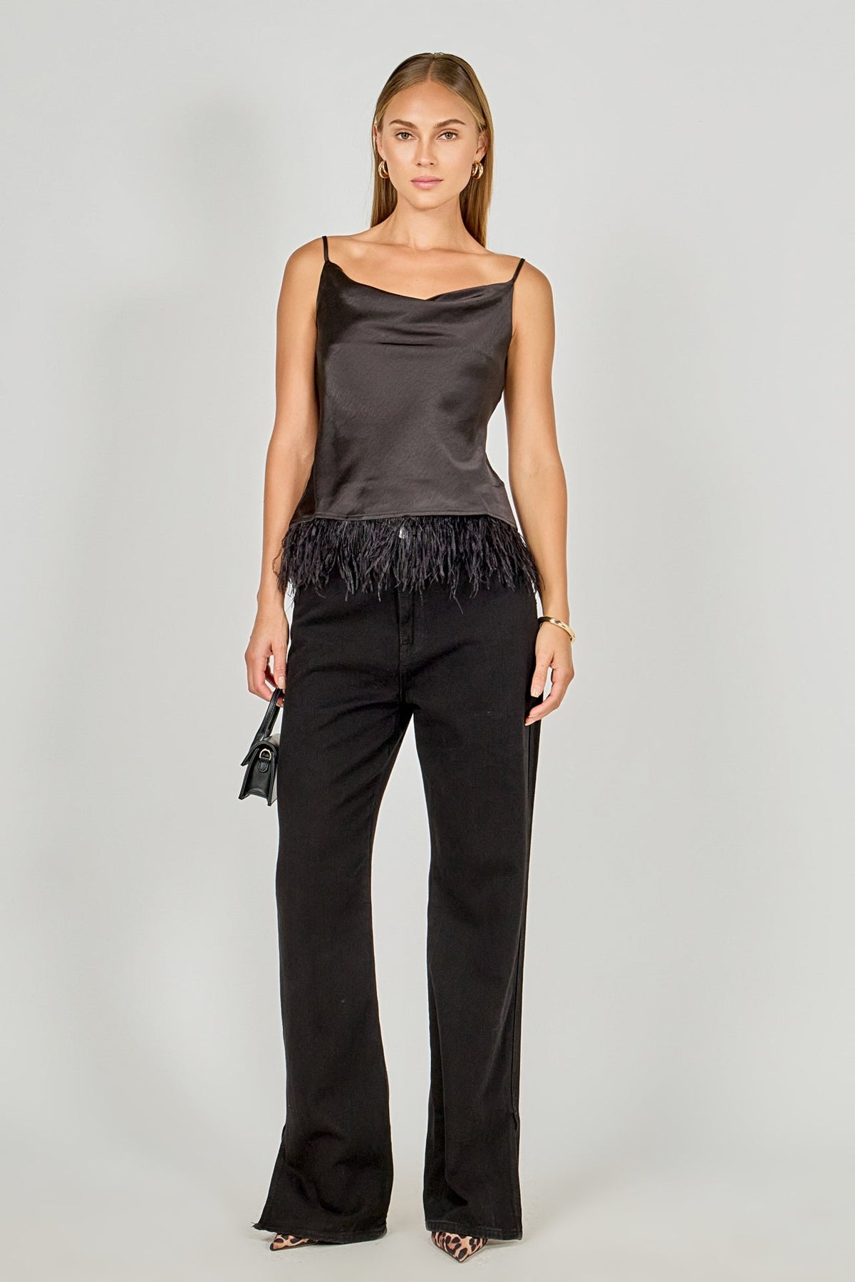 ENDLESS ROSE - Satin Cowl Neck Top with Feather - TOPS available at Objectrare