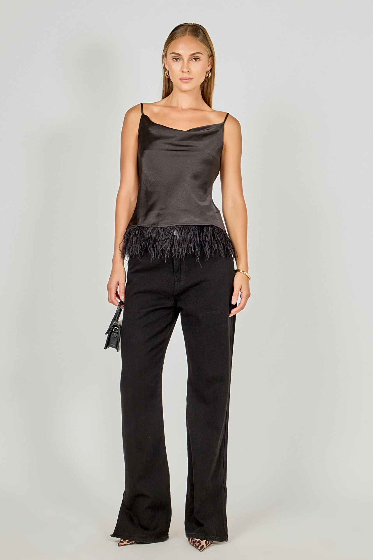 ENDLESS ROSE - Satin Cowl Neck Top with Feather - TOPS available at Objectrare