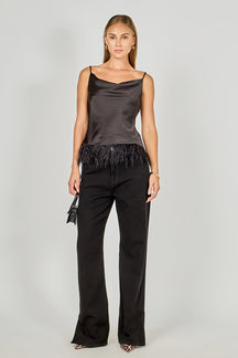 ENDLESS ROSE - Satin Cowl Neck Top with Feather - TOPS available at Objectrare