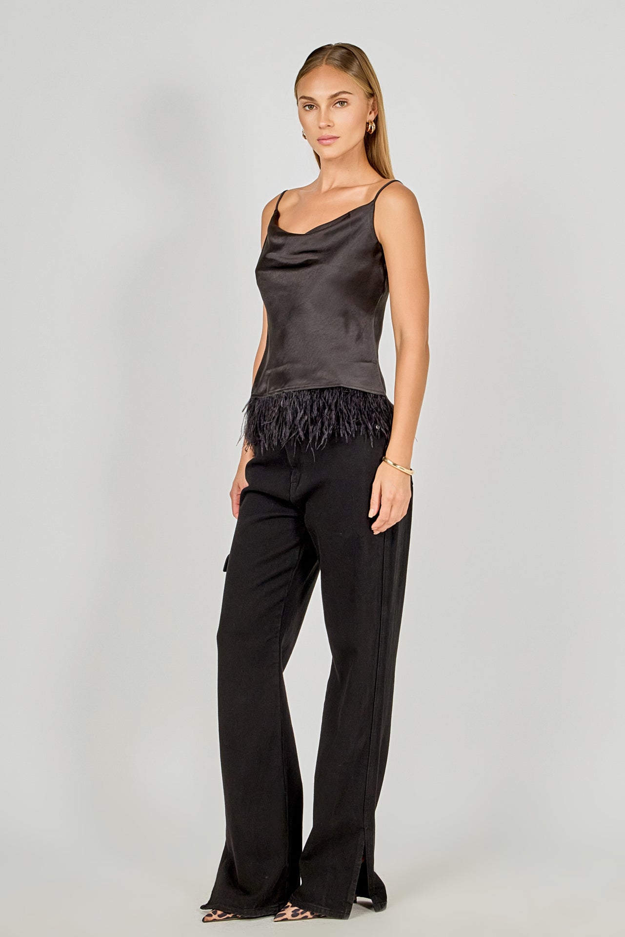 ENDLESS ROSE - Satin Cowl Neck Top with Feather - TOPS available at Objectrare