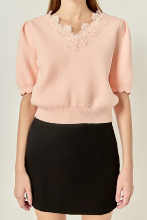 V-Nek Lace Knit Short Sleeve Top