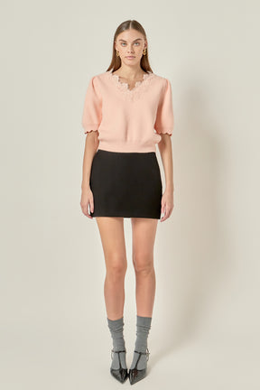 V-Nek Lace Knit Short Sleeve Top