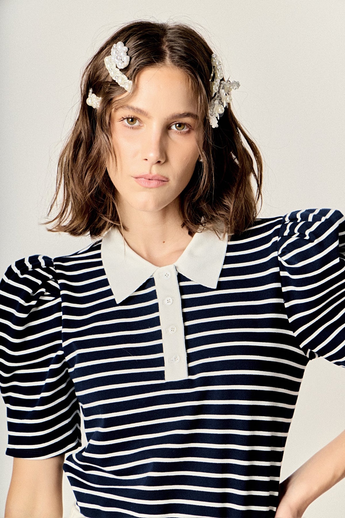 ENGLISH FACTORY - Puff Sleeve Polo Jersey Top - TOPS available at Objectrare