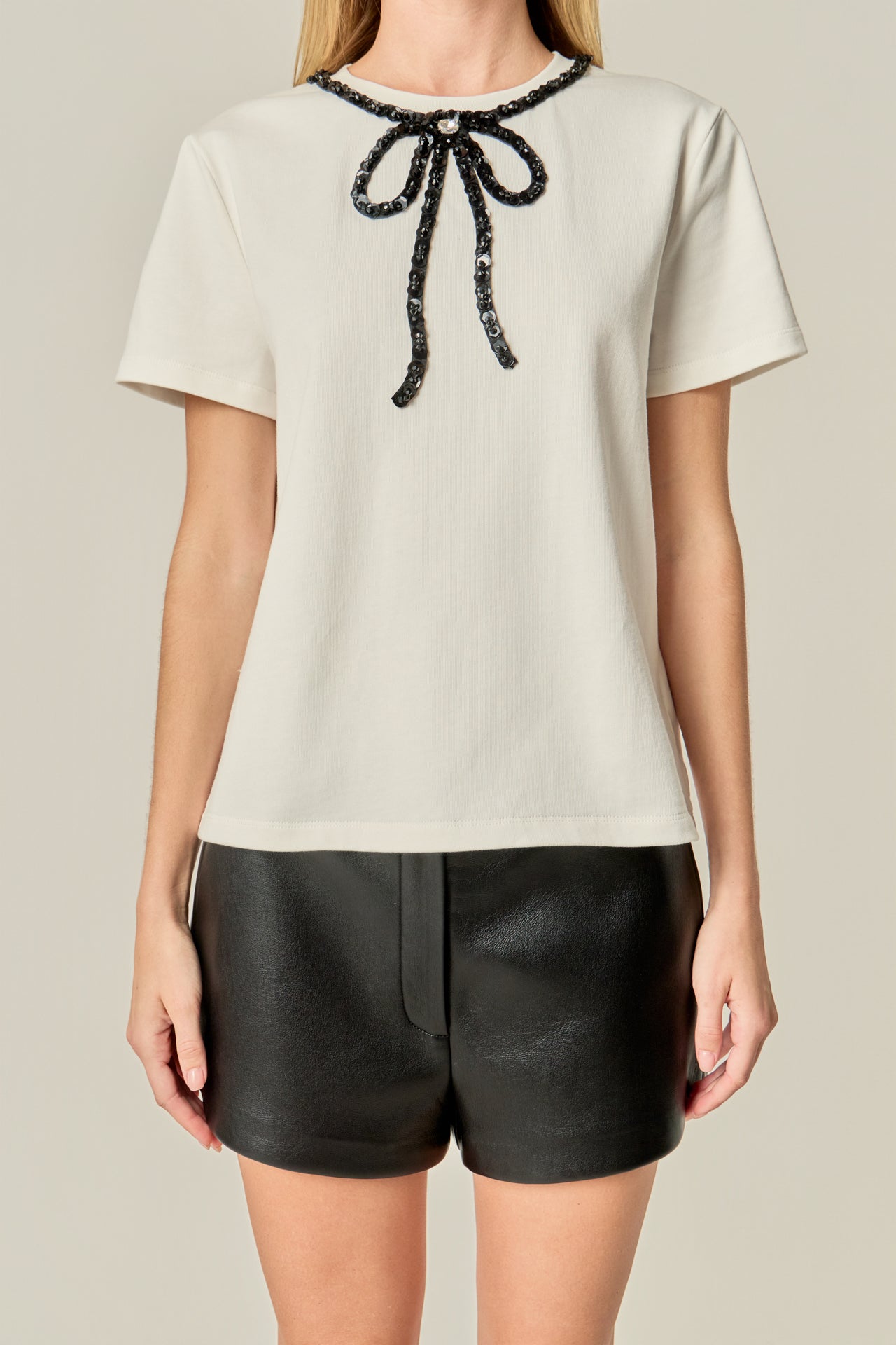 ENGLISH FACTORY - Beaded Bow T-Shirt - TOPS available at Objectrare