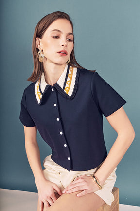 Knitted Collar Button Up Top