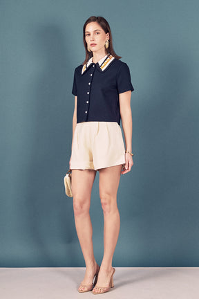 Knitted Collar Button Up Top