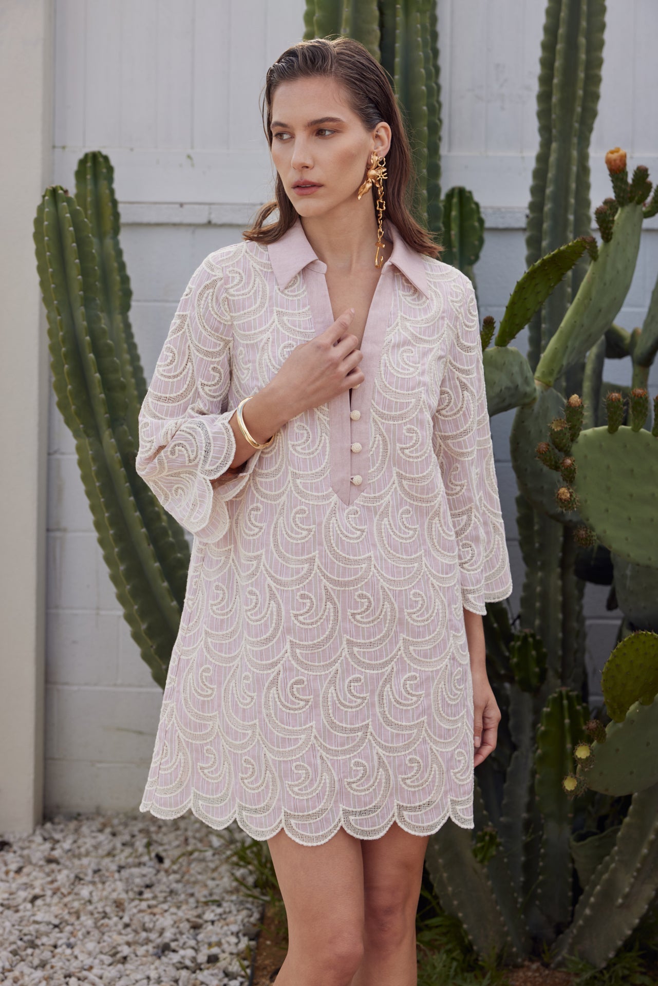 Striped Embroidered Scallop Hem Shirt Mini Dress