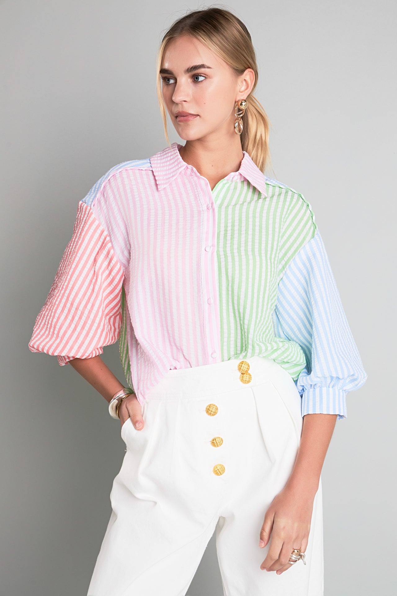 ENGLISH FACTORY - English Factory - Seersucker Striped Colorblock Shirt - SHIRTS & BLOUSES available at Objectrare