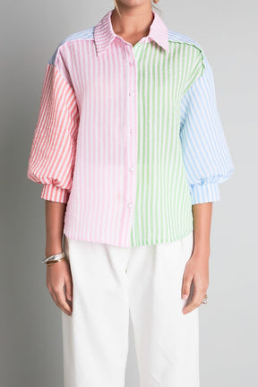 ENGLISH FACTORY - English Factory - Seersucker Striped Colorblock Shirt - SHIRTS & BLOUSES available at Objectrare