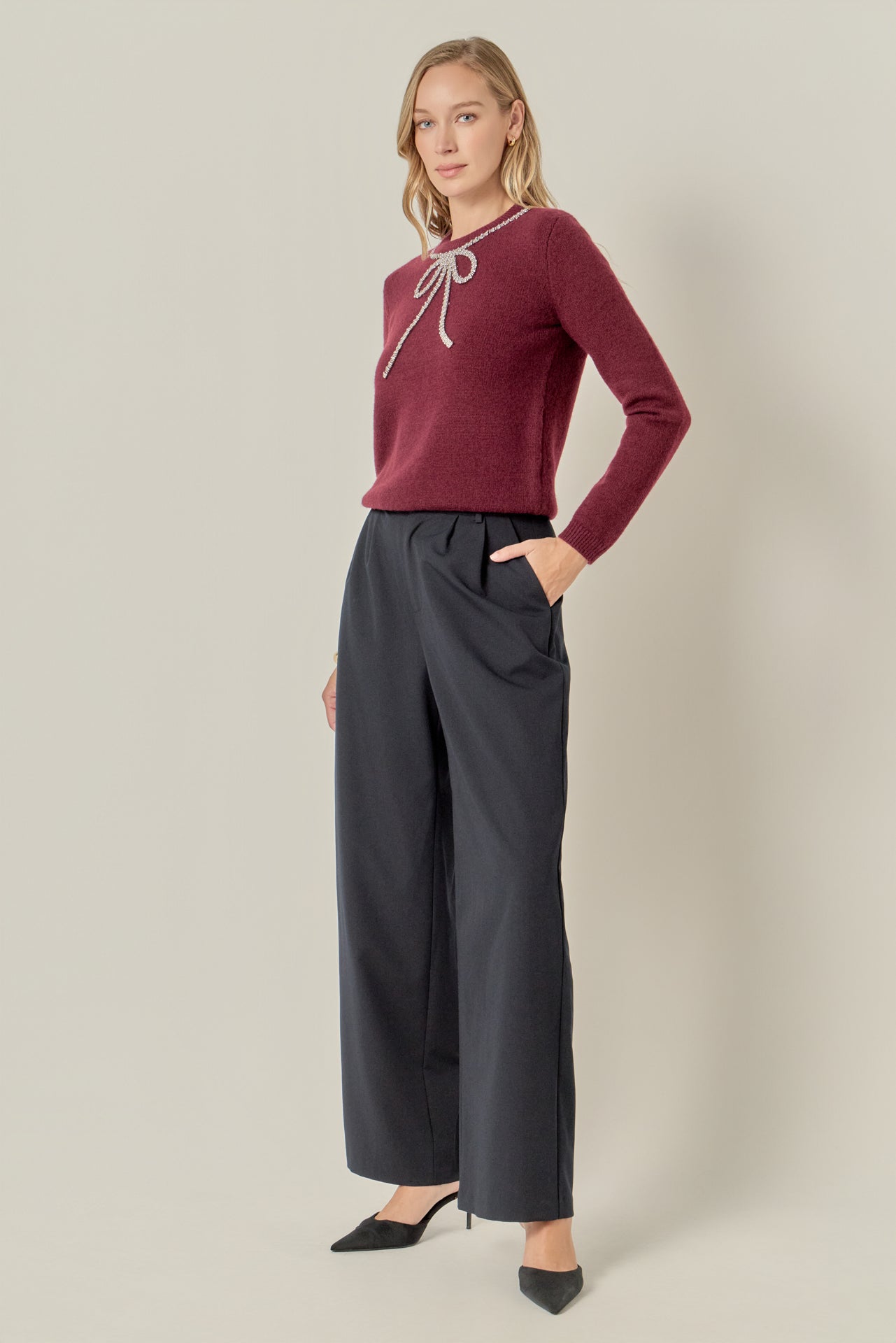 ENGLISH FACTORY - Rhinestone Bow Knit - TOPS available at Objectrare