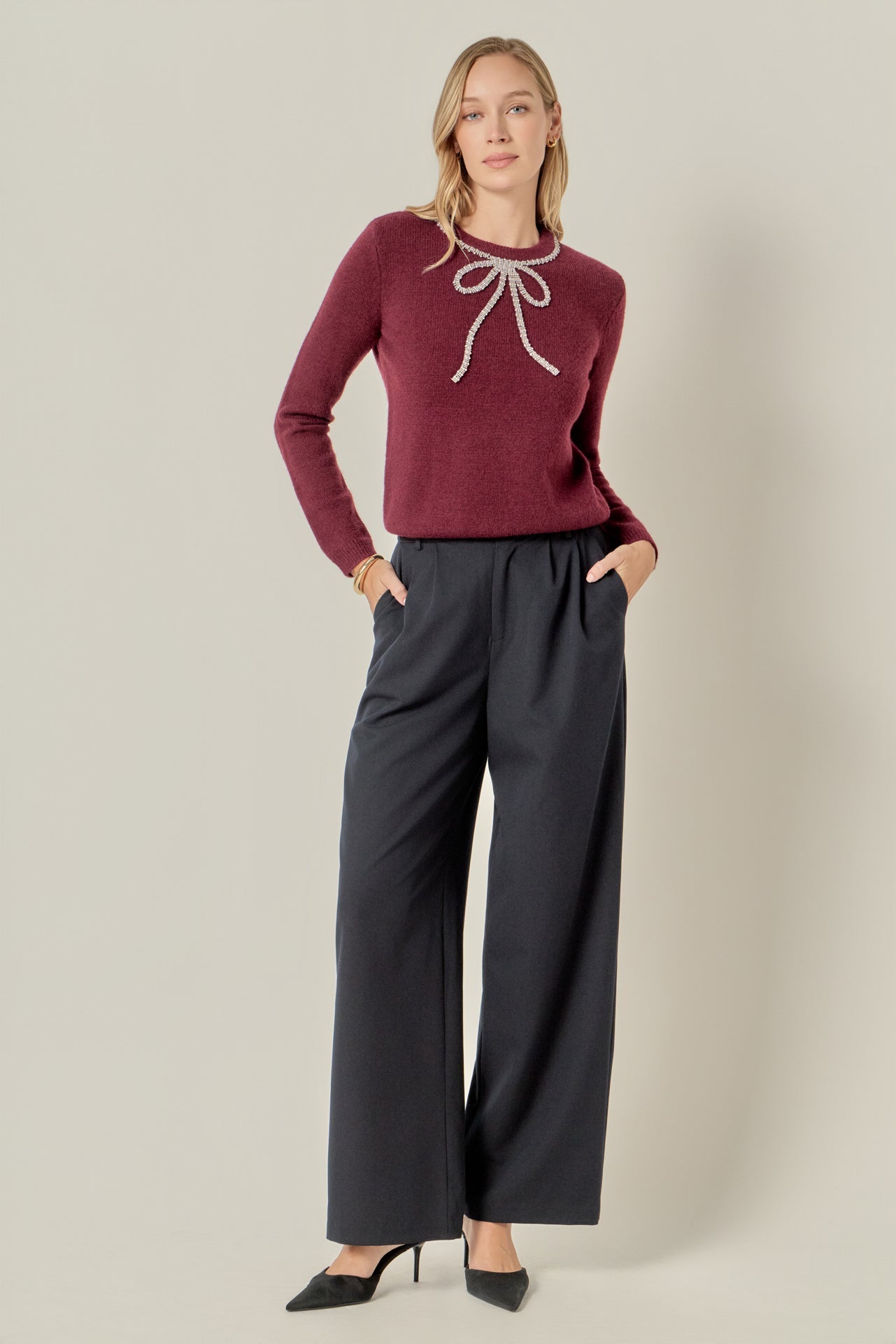 ENGLISH FACTORY - Rhinestone Bow Knit - TOPS available at Objectrare