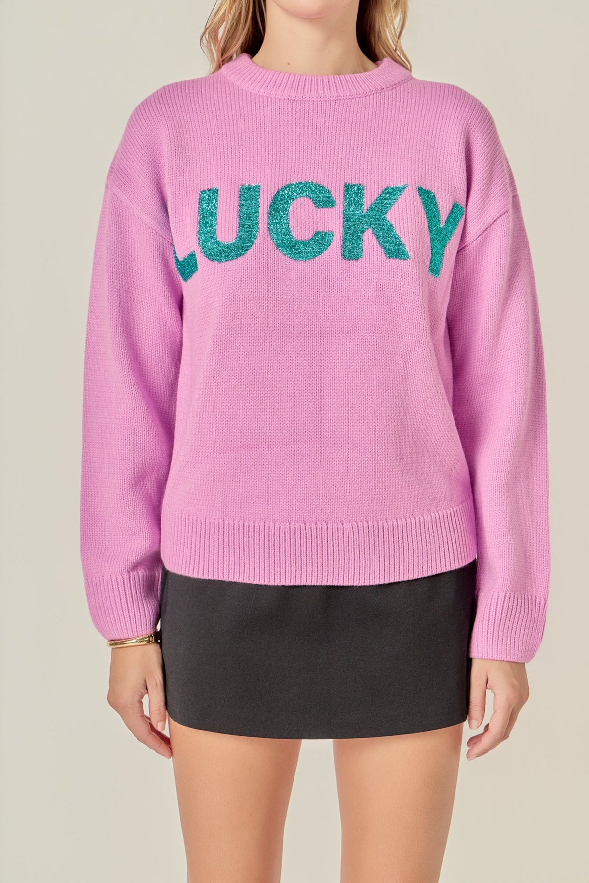 ENGLISH FACTORY - Lucky Glitter Lettering Sweater - SWEATERS & KNITS available at Objectrare
