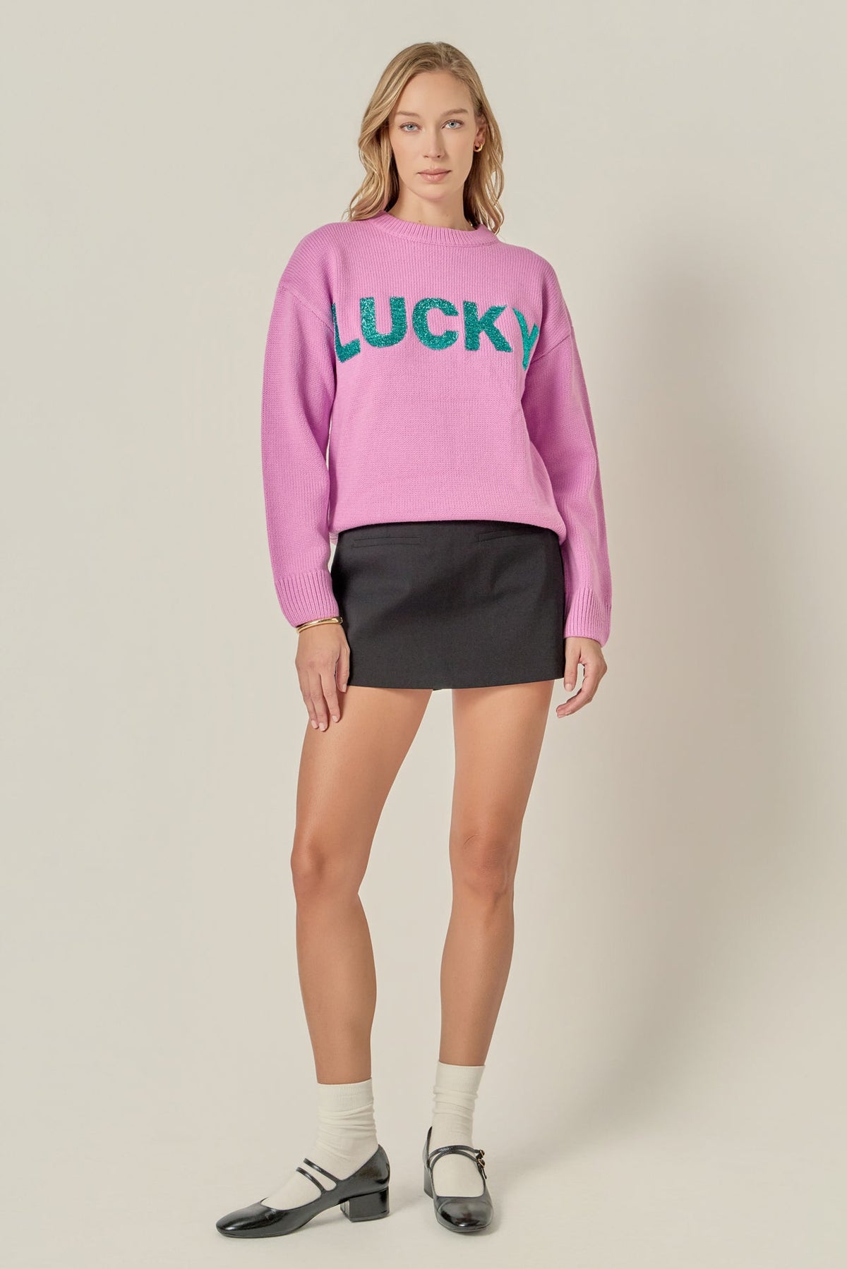 ENGLISH FACTORY - Lucky Glitter Lettering Sweater - SWEATERS & KNITS available at Objectrare
